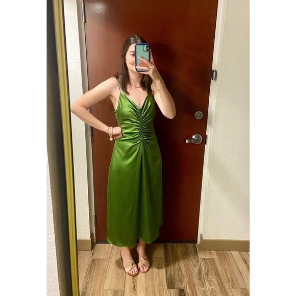 SANDRO Green Satin V-Neck Slip Style Ruched Hourglass Zola Dress Size US 8 - Picture 13 of 13